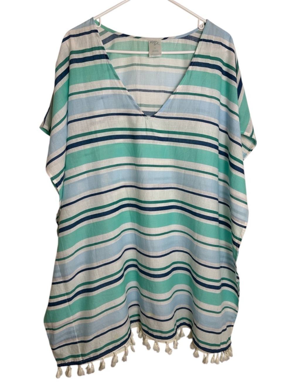 Kona Sol Size XL 100% Cotton Blue Striped Tasseled Swim Bathing Suit Coverup